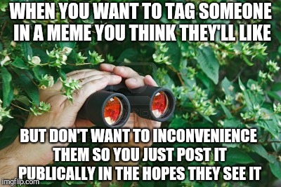 Creepy Guy in the bushes with Binoculars  | WHEN YOU WANT TO TAG SOMEONE IN A MEME YOU THINK THEY'LL LIKE; BUT DON'T WANT TO INCONVENIENCE THEM SO YOU JUST POST IT PUBLICALLY IN THE HOPES THEY SEE IT | image tagged in creepy guy in the bushes with binoculars | made w/ Imgflip meme maker