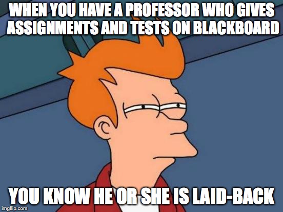 Submitting Assignments Online | WHEN YOU HAVE A PROFESSOR WHO GIVES ASSIGNMENTS AND TESTS ON BLACKBOARD; YOU KNOW HE OR SHE IS LAID-BACK | image tagged in memes,futurama fry,college | made w/ Imgflip meme maker