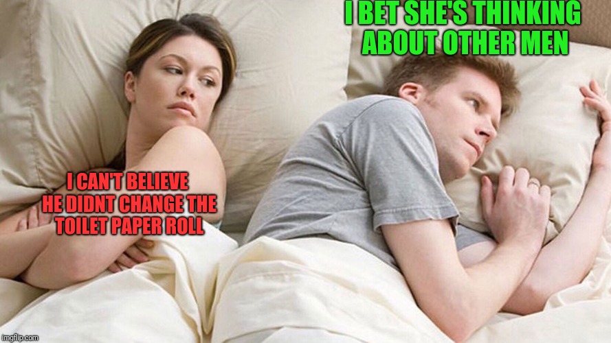Typical evening in my household | I BET SHE'S THINKING ABOUT OTHER MEN; I CAN'T BELIEVE HE DIDNT CHANGE THE TOILET PAPER ROLL | image tagged in couple in bed | made w/ Imgflip meme maker