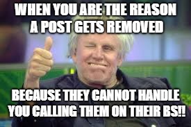 Gary Busey | WHEN YOU ARE THE REASON A POST GETS REMOVED; BECAUSE THEY CANNOT HANDLE YOU CALLING THEM ON THEIR BS!! | image tagged in gary busey | made w/ Imgflip meme maker