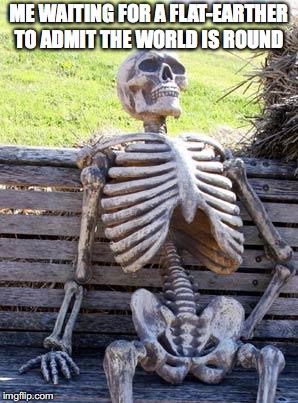 Waiting Skeleton | ME WAITING FOR A FLAT-EARTHER TO ADMIT THE WORLD IS ROUND | image tagged in memes,waiting skeleton | made w/ Imgflip meme maker
