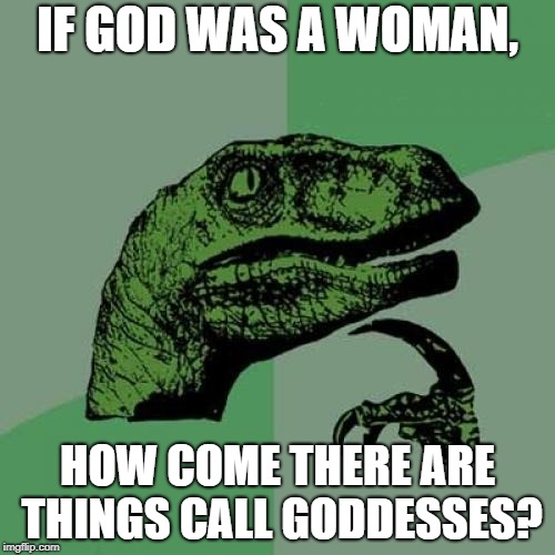 Philosoraptor | IF GOD WAS A WOMAN, HOW COME THERE ARE THINGS CALL GODDESSES? | image tagged in memes,philosoraptor | made w/ Imgflip meme maker