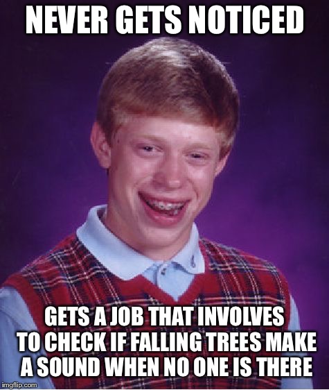 Bad Luck Brian | NEVER GETS NOTICED; GETS A JOB THAT INVOLVES TO CHECK IF FALLING TREES MAKE A SOUND WHEN NO ONE IS THERE | image tagged in memes,bad luck brian | made w/ Imgflip meme maker