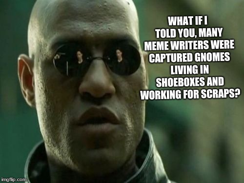 What If I Told You | WHAT IF I TOLD YOU, MANY MEME WRITERS WERE CAPTURED GNOMES LIVING IN SHOEBOXES AND WORKING FOR SCRAPS? | image tagged in what if i told you | made w/ Imgflip meme maker