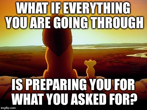 Lion King Meme | WHAT IF EVERYTHING YOU ARE GOING THROUGH; IS PREPARING YOU FOR WHAT YOU ASKED FOR? | image tagged in memes,lion king | made w/ Imgflip meme maker