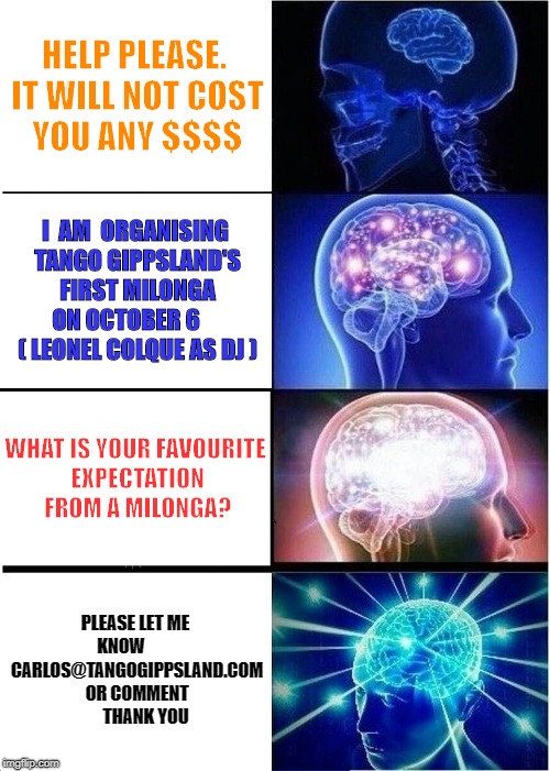 Expanding Brain Meme | HELP PLEASE. IT WILL NOT COST YOU ANY $$$$; I  AM  ORGANISING TANGO GIPPSLAND'S FIRST MILONGA ON OCTOBER 6      ( LEONEL COLQUE AS DJ ); WHAT IS YOUR FAVOURITE EXPECTATION FROM A MILONGA? PLEASE LET ME KNOW      
   CARLOS@TANGOGIPPSLAND.COM OR COMMENT      THANK YOU | image tagged in memes,expanding brain | made w/ Imgflip meme maker