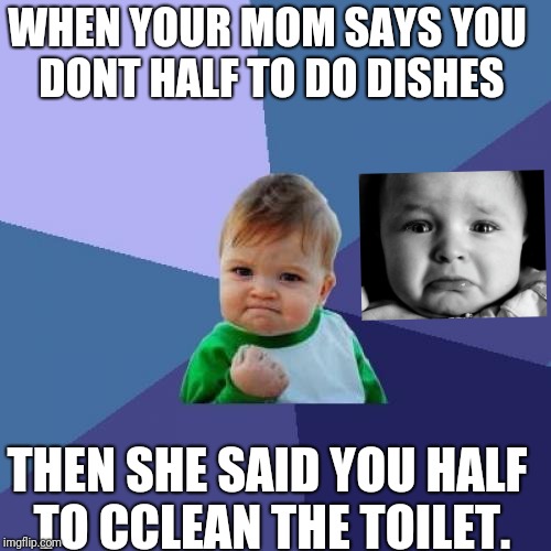 Success Kid Meme | WHEN YOUR MOM SAYS YOU DONT HALF TO DO DISHES; THEN SHE SAID YOU HALF TO CCLEAN THE TOILET. | image tagged in memes,success kid | made w/ Imgflip meme maker