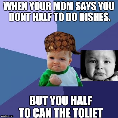Success Kid Meme | WHEN YOUR MOM SAYS YOU DONT HALF TO DO DISHES. BUT YOU HALF TO CAN THE TOLIET | image tagged in memes,success kid,scumbag | made w/ Imgflip meme maker