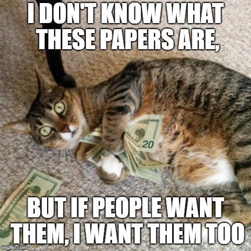 money cat | I DON'T KNOW WHAT THESE PAPERS ARE, BUT IF PEOPLE WANT THEM, I WANT THEM TOO | image tagged in money cat | made w/ Imgflip meme maker