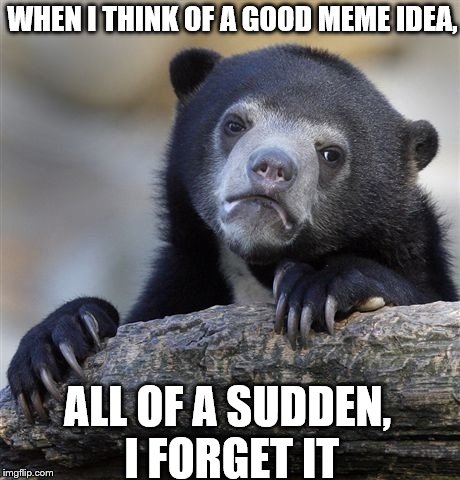 Confession Bear Meme | WHEN I THINK OF A GOOD MEME IDEA, ALL OF A SUDDEN, I FORGET IT | image tagged in memes,confession bear | made w/ Imgflip meme maker