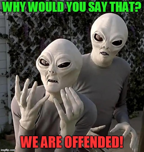 Aliens | WHY WOULD YOU SAY THAT? WE ARE OFFENDED! | image tagged in aliens | made w/ Imgflip meme maker