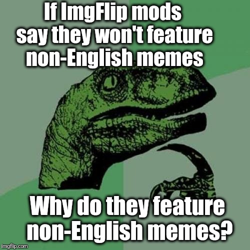 Just curious, that's all | If ImgFlip mods say they won't feature non-English memes; Why do they feature non-English memes? | image tagged in memes,philosoraptor | made w/ Imgflip meme maker