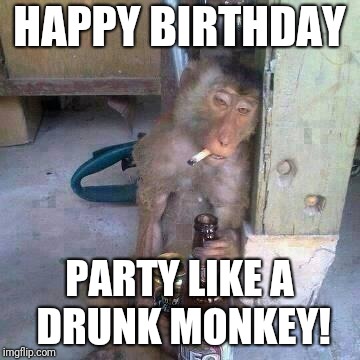 Drunken Ass monkey | HAPPY BIRTHDAY; PARTY LIKE A DRUNK MONKEY! | image tagged in drunken ass monkey | made w/ Imgflip meme maker