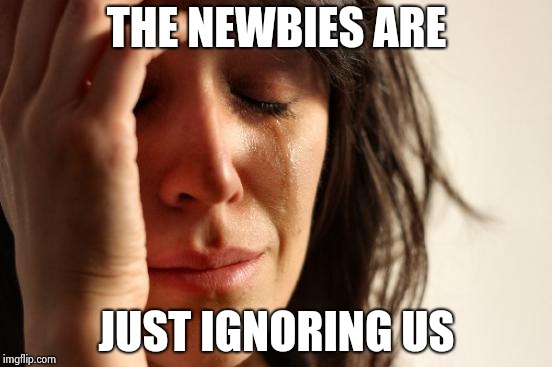 First World Problems Meme | THE NEWBIES ARE JUST IGNORING US | image tagged in memes,first world problems | made w/ Imgflip meme maker