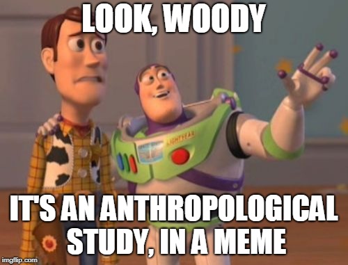X, X Everywhere Meme | LOOK, WOODY IT'S AN ANTHROPOLOGICAL STUDY, IN A MEME | image tagged in memes,x x everywhere | made w/ Imgflip meme maker