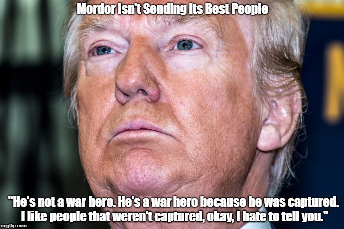 John McCain... And Mordor's Messenger | Mordor Isn't Sending Its Best People; "He's not a war hero. He's a war hero because he was captured. I like people that weren't captured, okay, I hate to tell you." | image tagged in mccain,trump,not a hero,deplorable donald,despicable donald,detestable donald | made w/ Imgflip meme maker