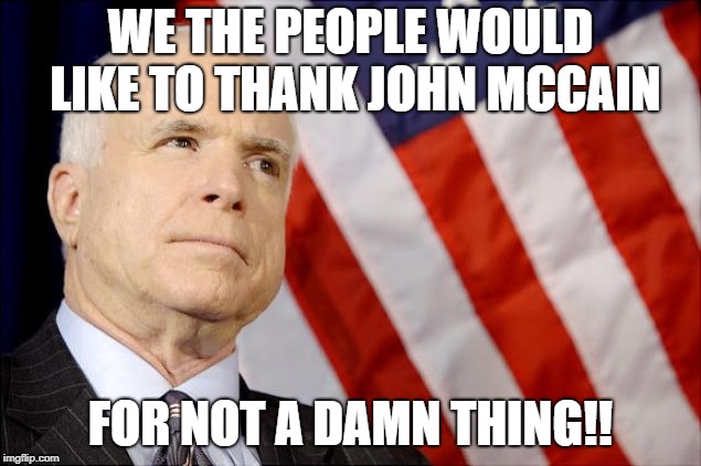 John McCain | WE THE PEOPLE WOULD LIKE TO THANK JOHN MCCAIN; FOR NOT A DAMN THING!! | image tagged in john mccain | made w/ Imgflip meme maker