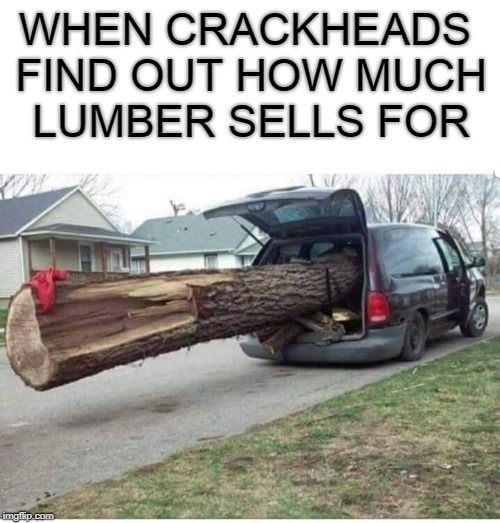 I've seen cars/vans/trucks loaded up with scrap metal but this is too much! | WHEN CRACKHEADS FIND OUT HOW MUCH LUMBER SELLS FOR | image tagged in crackheads,crackhead,hustle,memes | made w/ Imgflip meme maker