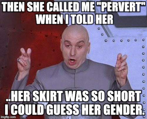 Dr Evil Laser | THEN SHE CALLED ME "PERVERT" WHEN I TOLD HER; ..HER SKIRT WAS SO SHORT I COULD GUESS HER GENDER. | image tagged in memes,dr evil laser | made w/ Imgflip meme maker