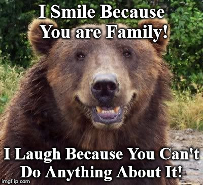 I Smile Because You are Family! I Laugh Because You Can't Do Anything About It! | image tagged in bear | made w/ Imgflip meme maker