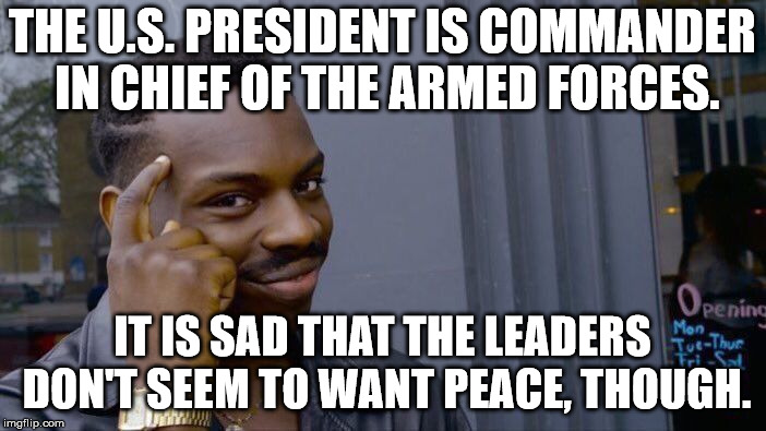 Roll Safe Think About It Meme | THE U.S. PRESIDENT IS COMMANDER IN CHIEF OF THE ARMED FORCES. IT IS SAD THAT THE LEADERS DON'T SEEM TO WANT PEACE, THOUGH. | image tagged in memes,roll safe think about it | made w/ Imgflip meme maker