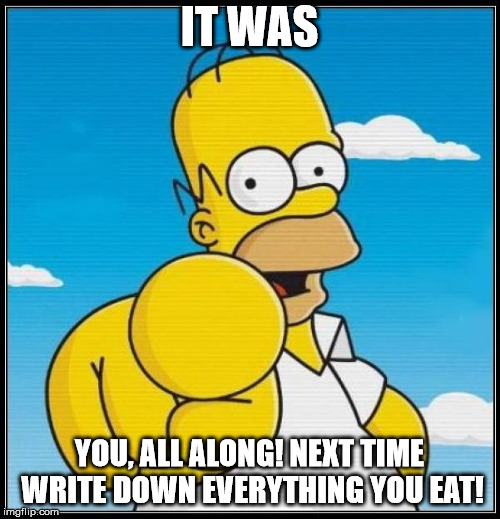 Homer Simpson Ultimate | IT WAS YOU, ALL ALONG! NEXT TIME WRITE DOWN EVERYTHING YOU EAT! | image tagged in homer simpson ultimate | made w/ Imgflip meme maker