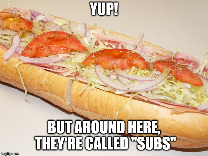 hoagie | YUP! BUT AROUND HERE, THEY'RE CALLED "SUBS" | image tagged in hoagie | made w/ Imgflip meme maker