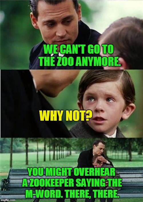 Finding Neverland inverted | WE CAN'T GO TO THE ZOO ANYMORE. YOU MIGHT OVERHEAR A ZOOKEEPER SAYING THE M-WORD. THERE, THERE. WHY NOT? | image tagged in finding neverland inverted | made w/ Imgflip meme maker