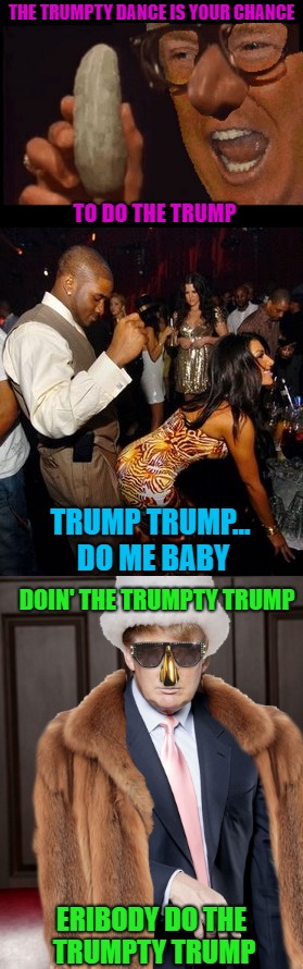 Hope that song is stuck in your head...LOL  Inspired by a meme commentversation with Sewmyeyesshut. | THE TRUMPTY DANCE IS YOUR CHANCE; TO DO THE TRUMP; TRUMP TRUMP... DO ME BABY; DOIN' THE TRUMPTY TRUMP; ERIBODY DO THE TRUMPTY TRUMP | image tagged in trumpty trump,memes,trumpty dance,funny,digital underground,trump | made w/ Imgflip meme maker
