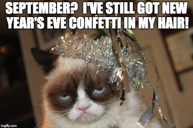 Grumpy Cat New Years | SEPTEMBER? 
I'VE STILL GOT NEW YEAR'S EVE CONFETTI IN MY HAIR! | image tagged in grumpy cat new years | made w/ Imgflip meme maker