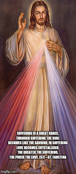 Love like crystals  | SUFFERING IS A GREAT GRACE; THROUGH SUFFERING THE SOUL BECOMES LIKE THE SAVIOUR; IN SUFFERING LOVE BECOMES CRYSTALLISED; THE GREATER THE SUFFERING, THE PURER THE LOVE. (57)
--ST. FAUSTINA | image tagged in catholic,jesus,suffering,immigrants,true love,mercy | made w/ Imgflip meme maker