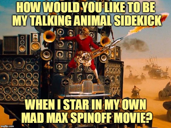 Fury Road Guitar Guy Awesome | HOW WOULD YOU LIKE TO BE MY TALKING ANIMAL SIDEKICK WHEN I STAR IN MY OWN MAD MAX SPINOFF MOVIE? | image tagged in fury road guitar guy awesome | made w/ Imgflip meme maker
