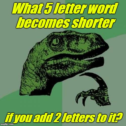 More is less | What 5 letter word becomes shorter; if you add 2 letters to it? | image tagged in memes,philosoraptor | made w/ Imgflip meme maker