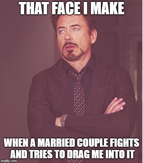 annoyed stark | THAT FACE I MAKE; WHEN A MARRIED COUPLE FIGHTS AND TRIES TO DRAG ME INTO IT | image tagged in annoyed stark | made w/ Imgflip meme maker