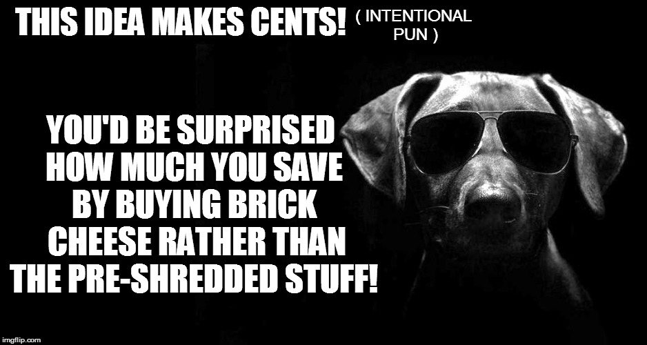 THIS IDEA MAKES CENTS! YOU'D BE SURPRISED HOW MUCH YOU SAVE BY BUYING BRICK  CHEESE RATHER THAN THE PRE-SHREDDED STUFF! ( INTENTIONAL PUN ) | made w/ Imgflip meme maker
