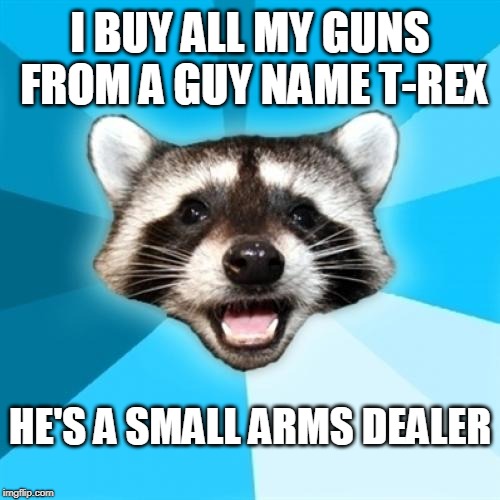 rat-a-tat-tat | I BUY ALL MY GUNS FROM A GUY NAME T-REX; HE'S A SMALL ARMS DEALER | image tagged in gun memes,guns,lame pun coon | made w/ Imgflip meme maker