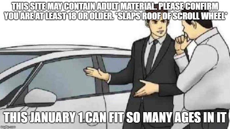Age Gate | THIS SITE MAY CONTAIN ADULT MATERIAL. PLEASE CONFIRM YOU ARE AT LEAST 18 OR OLDER.
*SLAPS ROOF OF SCROLL WHEEL*; THIS JANUARY 1 CAN FIT SO MANY AGES IN IT | image tagged in slaps roof of car,18,adult,age gate,january 1,adult material | made w/ Imgflip meme maker