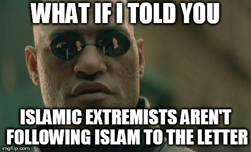 Matrix Morpheus Meme | WHAT IF I TOLD YOU; ISLAMIC EXTREMISTS AREN'T FOLLOWING ISLAM TO THE LETTER | image tagged in memes,matrix morpheus,islamic terrorism,islamic extremist,islamic extremists,islamic terrorists | made w/ Imgflip meme maker