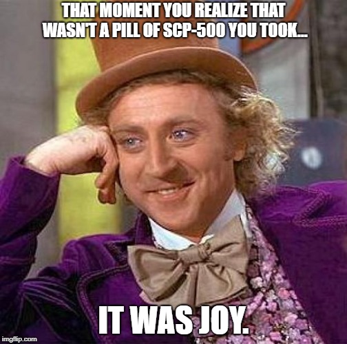 Creepy Condescending Wonka Meme | THAT MOMENT YOU REALIZE THAT WASN'T A PILL OF SCP-500 YOU TOOK... IT WAS JOY. | image tagged in memes,creepy condescending wonka | made w/ Imgflip meme maker