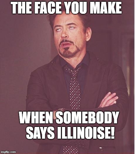 Face You Make Robert Downey Jr | THE FACE YOU MAKE; WHEN SOMEBODY SAYS
ILLINOISE! | image tagged in memes,face you make robert downey jr | made w/ Imgflip meme maker