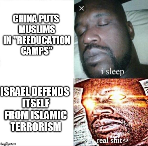Sleeping Shaq | CHINA PUTS MUSLIMS IN "REEDUCATION CAMPS"; ISRAEL DEFENDS ITSELF FROM ISLAMIC TERRORISM | image tagged in memes,sleeping shaq | made w/ Imgflip meme maker