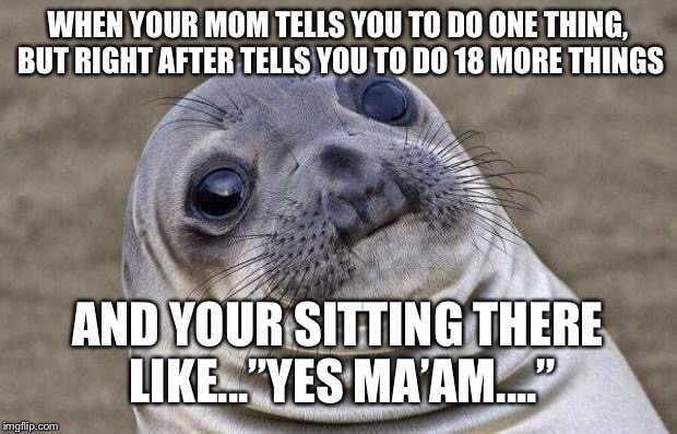 Awkward Moment Sealion Meme | WHEN YOUR MOM TELLS YOU TO DO ONE THING, BUT RIGHT AFTER TELLS YOU TO DO 18 MORE THINGS; AND YOUR SITTING THERE LIKE...”YES MA’AM....” | image tagged in memes,awkward moment sealion | made w/ Imgflip meme maker
