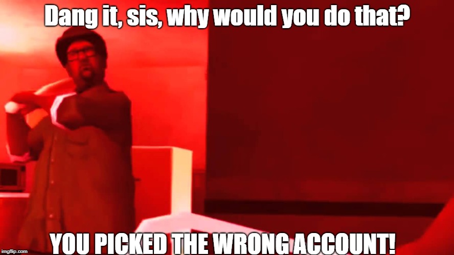 YOU PICKED THE WRONG HOUSE FOOL | Dang it, sis, why would you do that? YOU PICKED THE WRONG ACCOUNT! | image tagged in you picked the wrong house fool | made w/ Imgflip meme maker