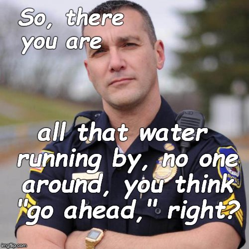 Cop | So, there you are all that water running by, no one around, you think "go ahead," right? | image tagged in cop | made w/ Imgflip meme maker