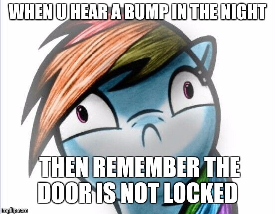 Oh crap dashie |  WHEN U HEAR A BUMP IN THE NIGHT; THEN REMEMBER THE DOOR IS NOT LOCKED | image tagged in oh crap dashie | made w/ Imgflip meme maker
