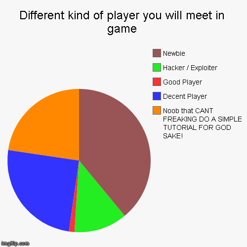 Player You Will Meet In Game. | Different kind of player you will meet in game | Noob that CANT FREAKING DO A SIMPLE TUTORIAL FOR GOD SAKE!, Decent Player, Good Player, Hac | image tagged in funny,pie charts | made w/ Imgflip chart maker