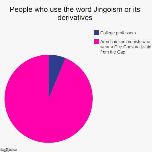 People who use the word Jingoism or its derivatives | Armchair communists who wear a Che Guevara t-shirt from the Gap , College professors | image tagged in funny,pie charts | made w/ Imgflip chart maker