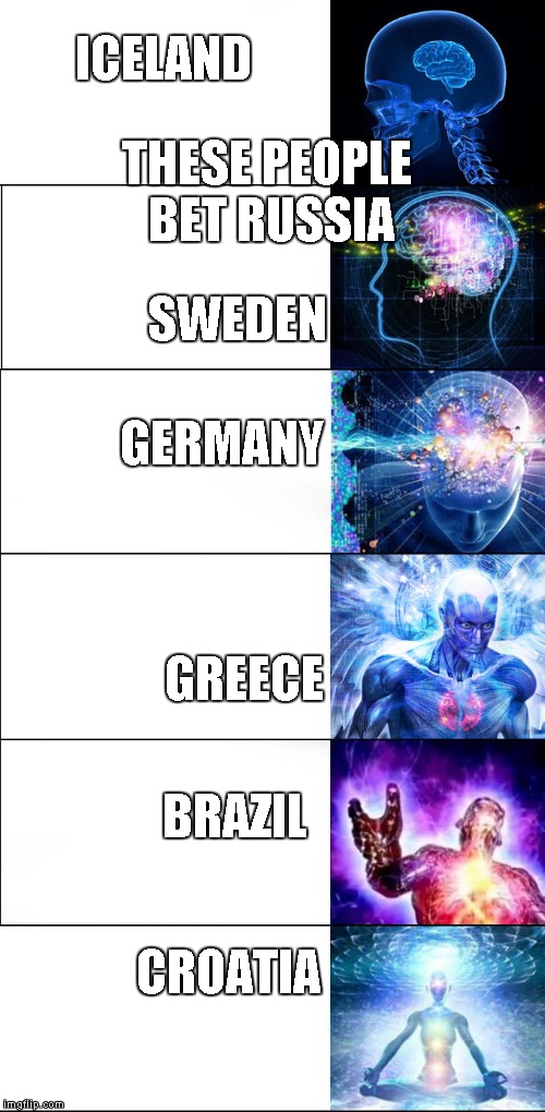 Expanding brain | ICELAND; THESE PEOPLE BET RUSSIA; SWEDEN; GERMANY; GREECE; BRAZIL; CROATIA | image tagged in expanding brain | made w/ Imgflip meme maker