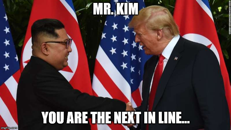 Trump and Kim Jung Un | MR. KIM YOU ARE THE NEXT IN LINE... | image tagged in trump and kim jung un | made w/ Imgflip meme maker