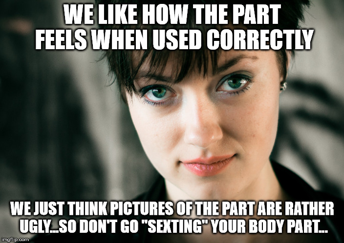 Short haired white woman | WE LIKE HOW THE PART FEELS WHEN USED CORRECTLY WE JUST THINK PICTURES OF THE PART ARE RATHER UGLY...SO DON'T GO "SEXTING" YOUR BODY PART... | image tagged in short haired white woman | made w/ Imgflip meme maker